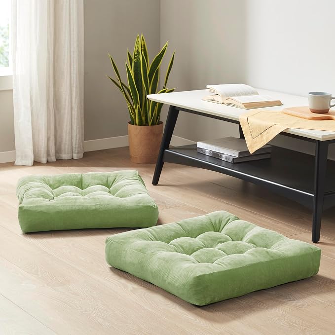 Degrees of Comfort Floor Cushion 6 Pack for Meditation, Home Office & Yoga Studio – Corduroy Soft Seating Set, 22 Inch, High-Density Foam, Square Shape, Green