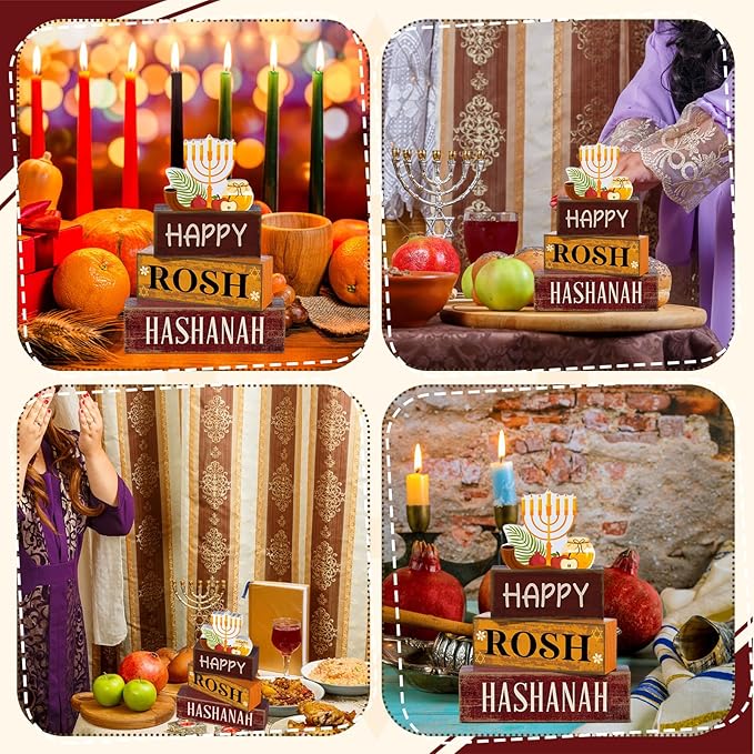 4 Pcs Rosh Hashanah Tables Decorations Happy Rosh Hashanah Wooden Tabletop Jewish New Year Party Decorations Rustic Block Centerpieces Sign for Gift Crafts Home Desk Shelf Shana Supplies