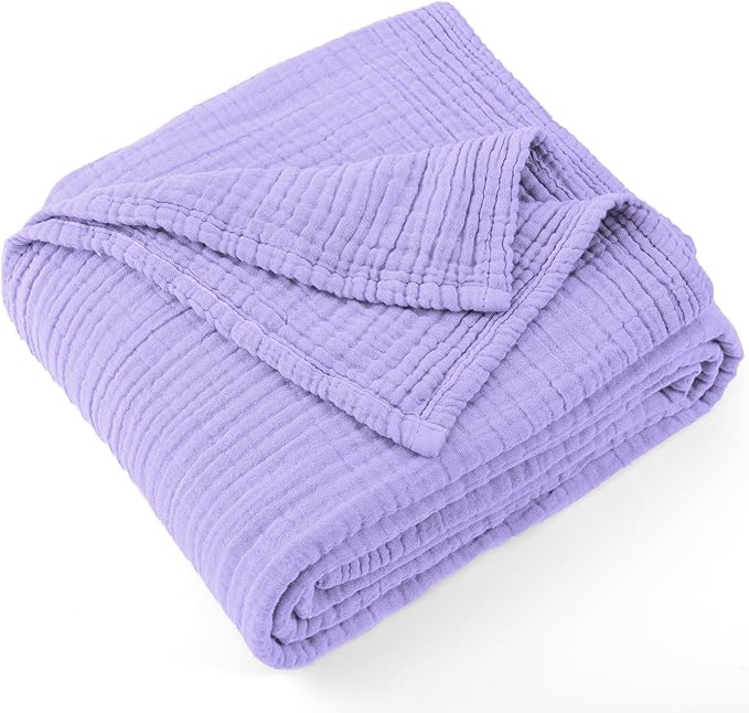 Carriediosa 100% Cotton Muslin Throw Blanket 50" X 70" Throw XL Size，4-Layers Summer Gauze Throws for Bed Couch，Soft Lightweight Breathable Linen Blankets Bedspread for Adults All Season，Light Purple