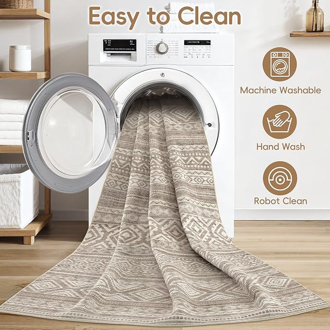 cotiled 7x10 Area Rug Living Room: Washable Boho Rugs with Non Slip Backing Large Soft Indoor Stain Resistant Carpet for Bedroom Farmhouse Dining Room Lightweight Home Decor Coffee Brown