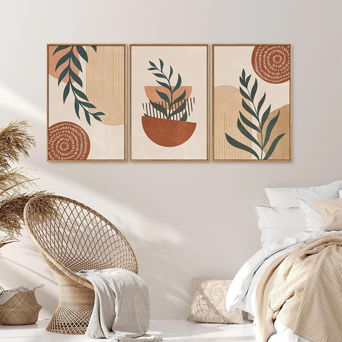 Rantodecor Large Boho Framed Canvas Wall Art Set of 3, Mid Century Modern Wall Decor, Bohemian Beige Geometric Line Art Paintings, Neutral Sage Green Leaf for Bedroom Living Room Office Home 24"x36"