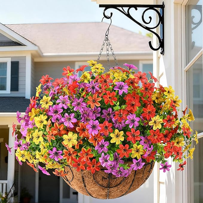 Artificial Flowers Fake Hanging Basket for Outdoor Spring Summer Decoration, 12 Bundles Faux Hanging Plants UV Resistant, Realistic Silk Flower for Outside Planters Porch Patio Balcony Yard Garden