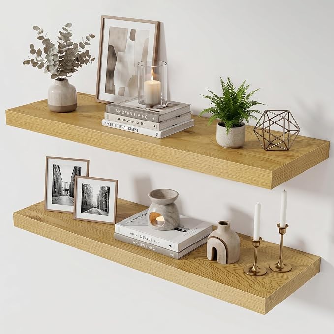 Acovy 36 Inch Floating Shelves for Wall Set of 2,12" Deep Floating Shelf Wall Mounted with Invisible Brackets,Rustic Bookshelf Wooden Storage Shelf for Living Room,Kitchen,Bathroom,Oak