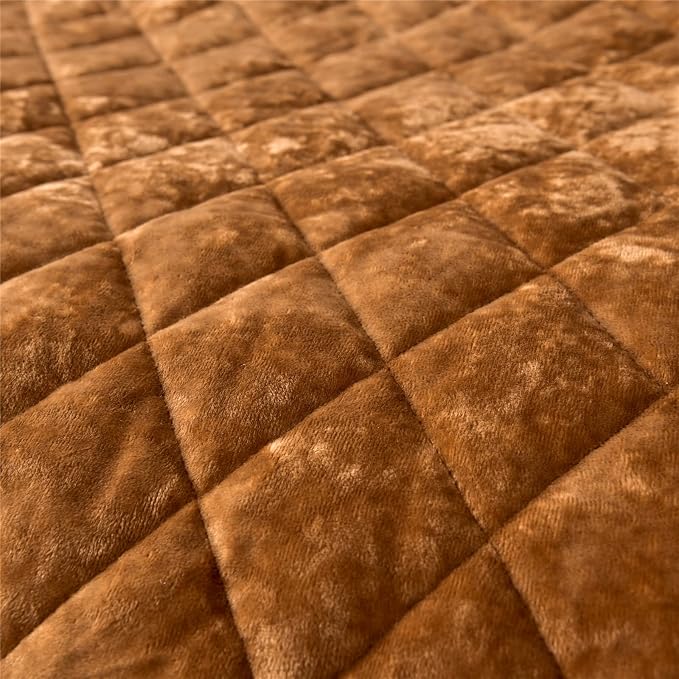 Fredsure Distressed Velvet Quilt Set, 3 Pieces Caramel Gold King, Distressed Velvet Face and Brushed Microfiber Reverse, with Diamond Quilting