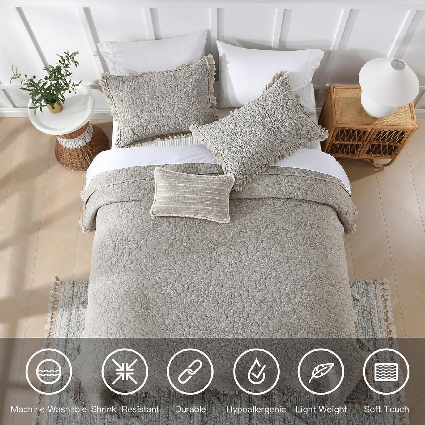 HORIMOTE HOME Beige Ruffled Quilt Twin Size, Stone-Washed Microfiber Lightweight Crinkled Farmhouse Rustic Shabby Chic Bedding Set, 2 Pieces Reversible Bedspread with Pillow Sham for All Season