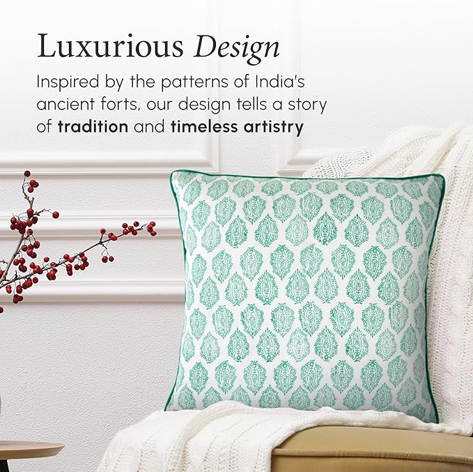 CPC 100% Cotton Throw Pillow Covers 20x20 Inch, Set of 2 Green Block Print Pattern Couch Pillow, Cute Boho Decorative Pillows for Living Room, Bedroom with Hidden Zipper- Sea Green