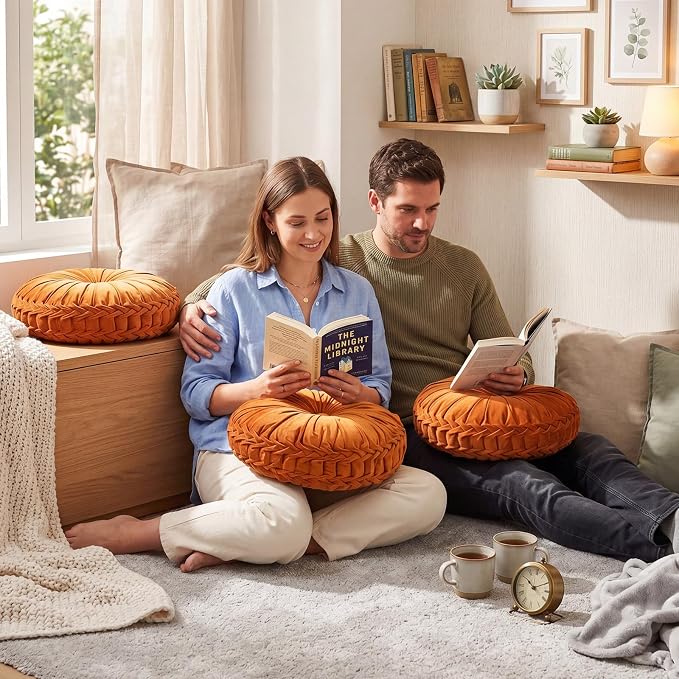 Drydiet 1 Pcs Round Throw Velvet Pillows Decorative Pleated Throw Pillows 18'' Diameter Accent Pumpkin Boho Chair Cushion for Couch Sofa Home Decoration (Brunt Orange)
