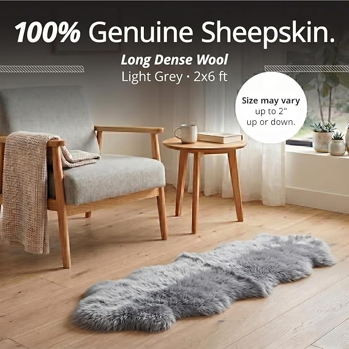Premium Duo 100% Genuine Sheepskin Area Rug 2x6 ft – Luxurious Soft & Fluffy Lambskin Rug for Bedroom or Living Room – Made in Argentina (Grey)