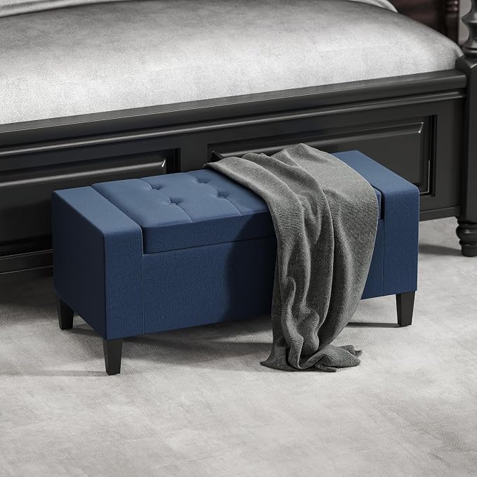 HOMCOM 36" Ottoman with Storage, Storage Ottoman Bench with Lift Top and Rubberwood Legs, Linen Upholstered Entryway Seat with for Living Room, Bedroom, Holds up to 330 lb, Dark Blue