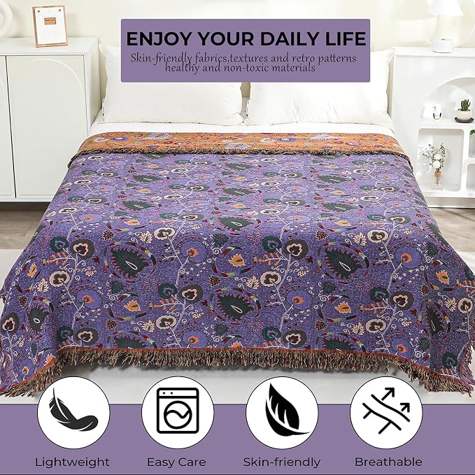 Summer Boho Throw Blanket 90" x 98" 100% Cotton Ultra Soft Breathable Muslin Blanket for Adult 4-Layer Gauze Woven Floral Farmhouse Decor Rustic Quilt for Couch Sofa Gift for Man Woman Purple Flowers