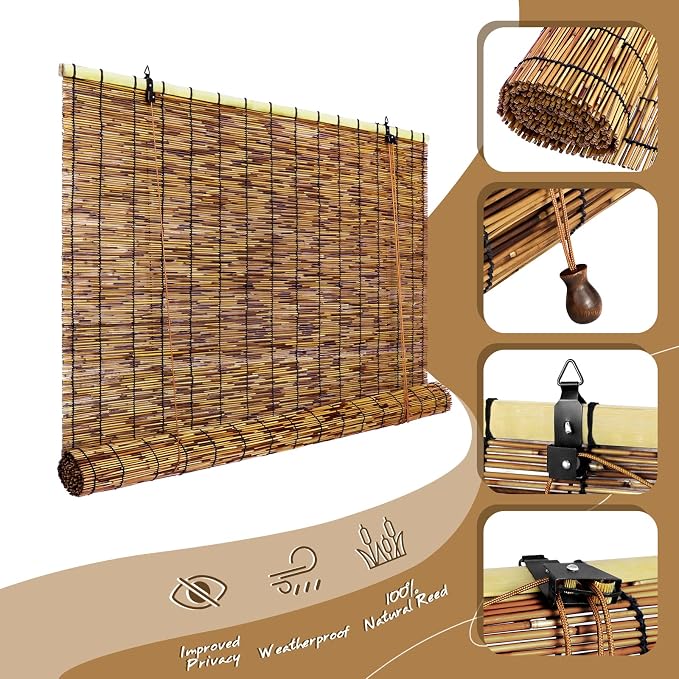 Bamboo Roll-up Shade,2 Pack Roller Shutters Retro Curtains,47" W x 71" H Window Blinds for Outdoor Patio