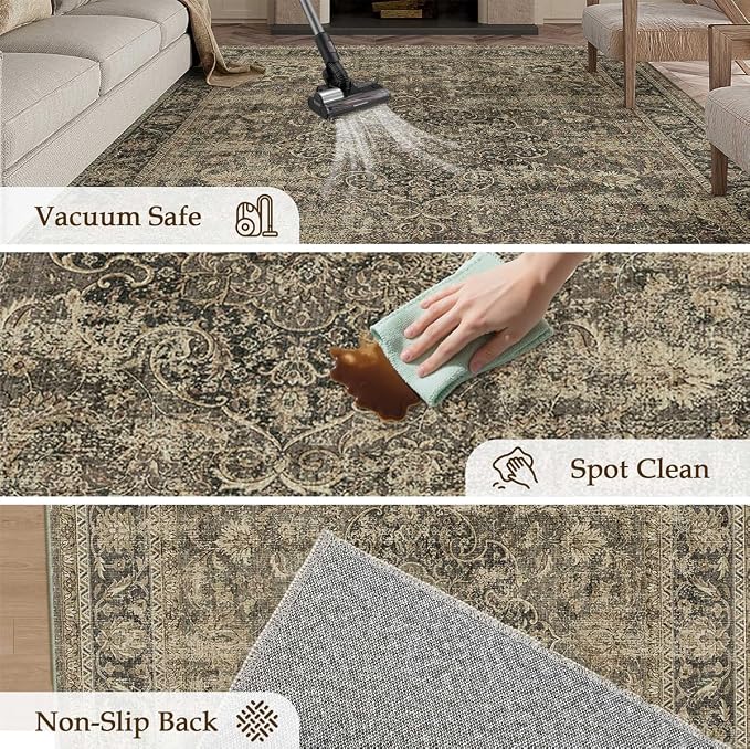 8x10 Washable Brown Area Rug Vintage Living Room Bedroom Carpet Non-Slip Medium Pile Thicker Distressed Indoor Large Throw Rug for Dining Room Office