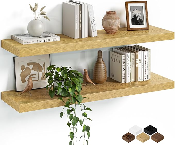 Fun Memories Floating Shelves for Wall, 32 Inch Set of 2 Rustic Wood Wall Shelves with Invisible Brackets, Heavy Duty Storage Display for Living Room Bedroom Kitchen, Oak