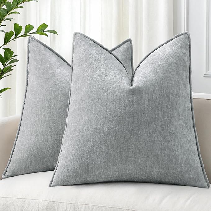 decorUhome Summer Couch Euro Sham Throw Pillow Covers 22x22 Set of 2, Decorative Soft Velvet Modern Cozy Chenille Pillow Cases with Elegant Design for Sofa Bed Living Room Home Decor, Ultimate Gray