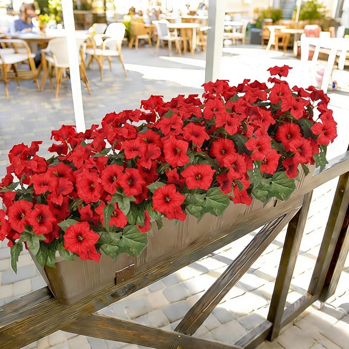 Artificial Flowers for Outdoors, Faux Petunias Spring Summer Decoration, Fake Flowers Plants UV Resistant Look Real Silk Flowers for Outside Planter Front Door Porch Patio Yard (6, Red)
