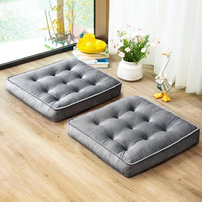 1 MIDDLE ONE Floor Pillow Set of 2, Memory Foam Meditation Cushion, Floor Cushions for Adults Sitting, Large Square Seat Cushions for Yoga, Living Room, 22x22 Inch (Grey)