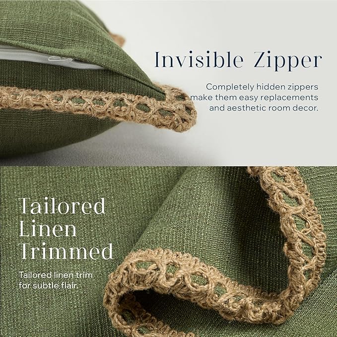 Phantoscope Pack of 2 Farmhouse Decorative Throw Cover Burlap Linen Trimmed Tailored Edges, Olive Green, 18 x 18 inches, 45 x 45 cm