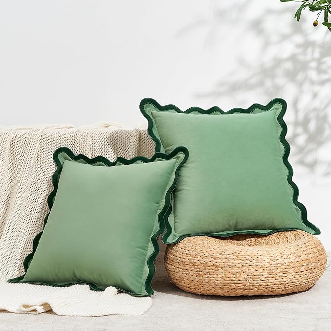 MONDAY MOOSE Decorative Throw Pillow Covers Cushion Cases, Set of 2 Soft Velvet Scalloped Wavy Edge Designs, Mix and Match for Home Decor, Pillow Inserts Not Included (22x22 inch, Green/Light Green)