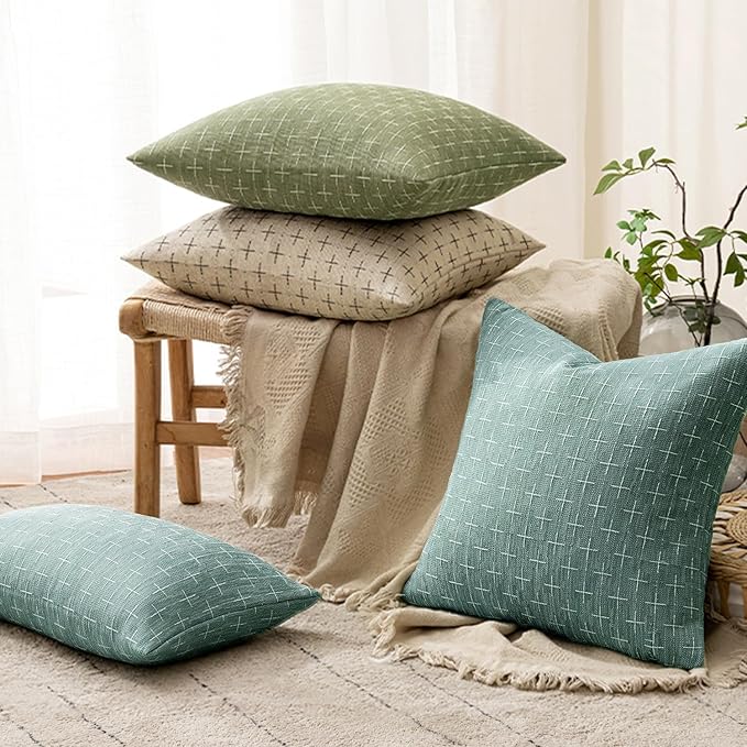 MIULEE Pack of 2 Decorative Burlap Linen Spring Throw Pillow Covers Modern Farmhouse Vintage Pillowcase Rustic Woven Textured Cushion Cover for Sofa Couch Bed 18x18 Inch Azure