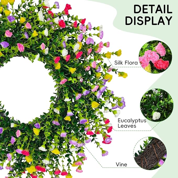 Spring Wreaths for Front Door, 22 Inch Farmhouse Colorful Cottage Wreath, 252 Silk Artificial Carnation Floral with Plastic Greenery Green Leaves Hanging for Porch, Home Summer Decorations
