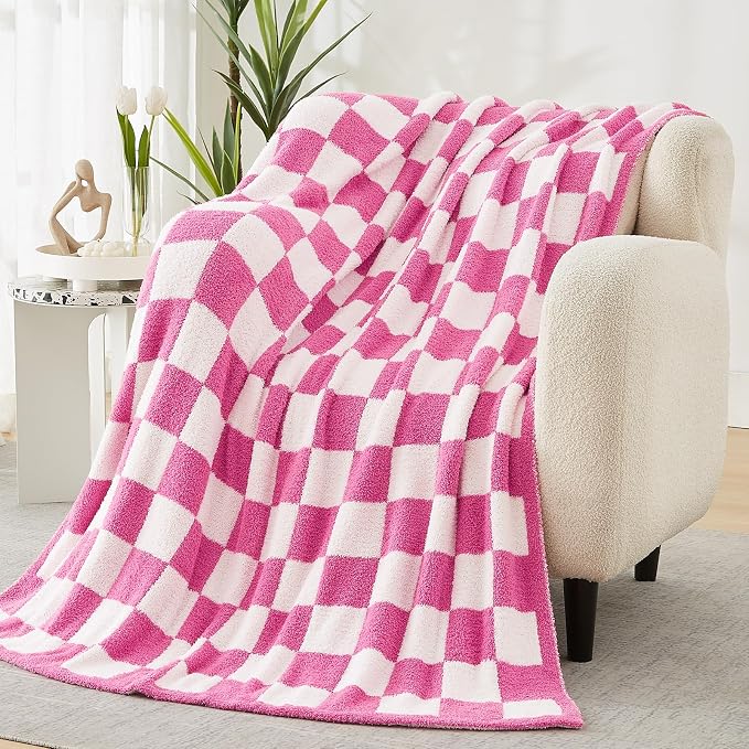 WRENSONGE Soft Checkered Throw Blanket for Couch-Cozy Warm Knitted Blankets | Lightweight Warm Fluffy Decor for Women, Mom, Her & Girls, Sofa, Chair, Bed, 50x70in, Hot Pink