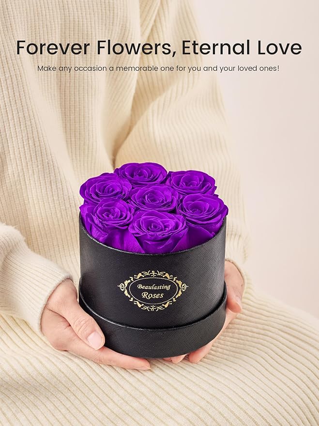 Beaulasting Long Lasting Preserved Roses in a Box Last a Year Forever Flowers for Her Mom Wife Anniversary Birthday (Round Black Box, Purple)