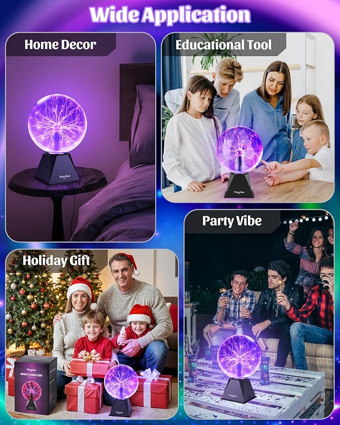 Theefun Plasma Ball, 8 Inch Huge Plasma Globe Birthday Gifts Touch & Sound Sensitive Ball Lamp Electric Lightning Novelty Light for Parties, Home, Prop, Room Decoration, Purple