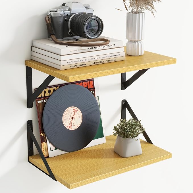 8" Deep Floating Shelves for Wall,16 inch Wood Wall Shelves Set of 2,Wide Floating Bookshelf with Sturdy Metal Brackets,Hanging Storage Floating Shelf for Living Room,Bedroom,Bathroom,Office,Oak