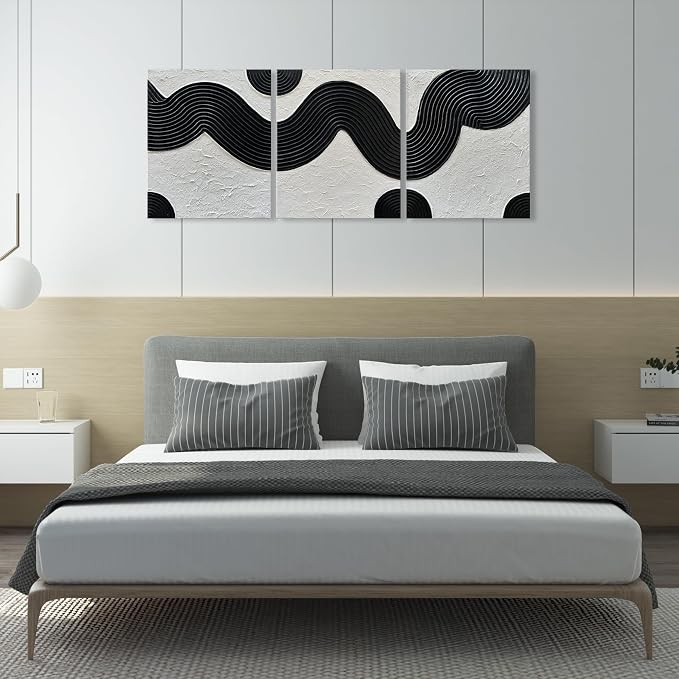 NANKAI Art Hand-Painted Abstract Oil Painting in Black and White Texture Modern Minimalist Art 24x20 Inches x 3,Home Wall Decoration Oil Painting