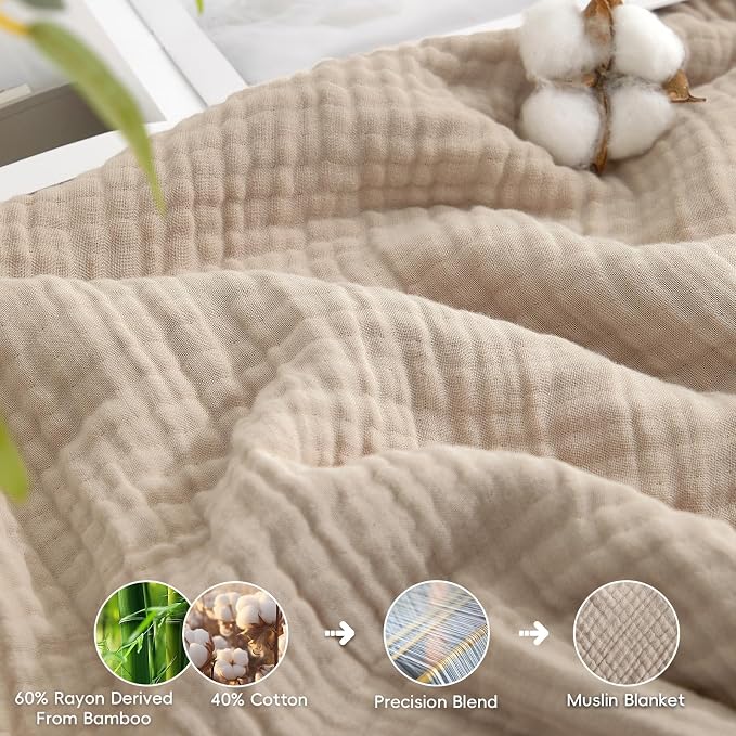 David's Home Soft Muslin Blanket Throw Size for Adults, 60% Rayon 40% Cotton, Breathable Lightweight Cooiling Blanket for Hot Sleepers, 4-Layer Cozy Gauze for Bed, 50"x60", Light Tan/Oat Milk