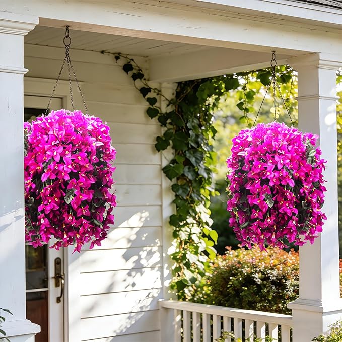 Grunyia Artificial Bougainvillea Flowers Outdoor UV Resistant, 4 Pcs Fake Silk Trailing Vines Realistic Faux Hanging Plants for Porch Patio Garden (Fuchsia)
