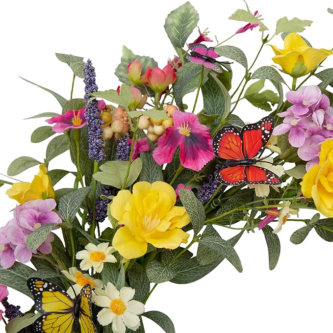 20 inch Flower Wreath Spring Door Wreath Artificial Summer Wreath Spring Decorations with Colorful Silk Flowers and Butterflies for Home Wedding Farmhouse Holiday Decor