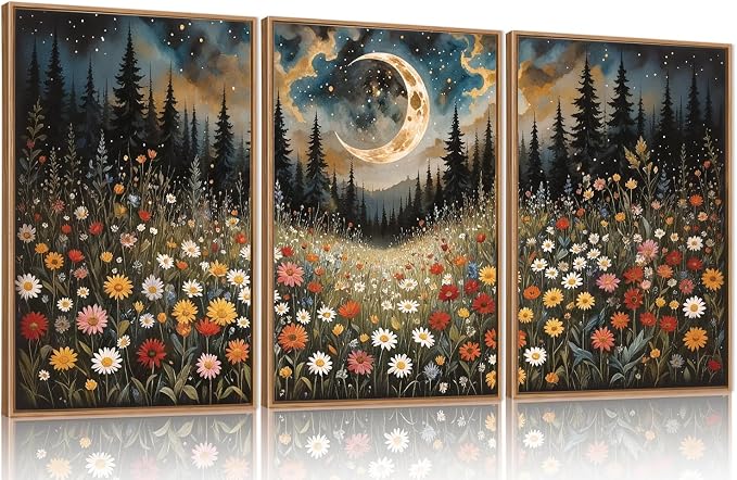 HPINUB Wildflower Moon Pine Tree Framed Canvas Wall Art Set,Nature Forest Wall Decor,Mystical Starry Night Artwork Rustic Mountain Landscape Art Print for Living Room,Bedroom,Office-24 x36 x3