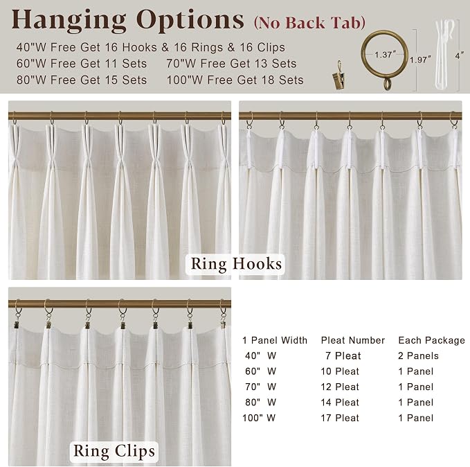 100 Inch Extra Wide Pinch Pleated Linen Curtains 84 Inch Length for Living Room Bedroom Natural Cream Beige Privacy Drapes Light Filtering for Patio Sliding Door 84 Inches Long Hooks Clips Rings