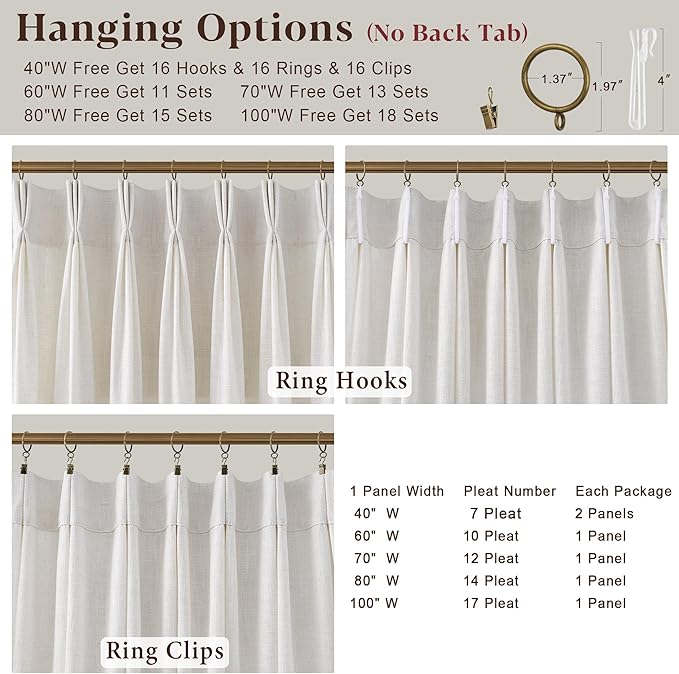 100 Inch Extra Wide Pinch Pleated Linen Curtains 100 Inch Length for Living Room Bedroom Natural Cream Beige Privacy Drapes Light Filtering for Patio Sliding Door 100 Inches Long Hooks Clips Rings