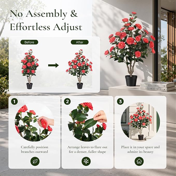 2 Pack 3FT Artificial Camellia Tree with Pink Flowers, UV Resistant Extra Lush Faux Potted Flowering Plant for Indoor Outdoor Front Porch Patio Home Office Decor, 36 Inch Tall Fake Tree