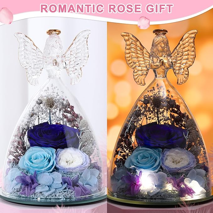 Mothers Day Rose Gifts for Women Preserved Real Flower in Glass Angel Figurines Roses for Delivery Prime Birthday Gifts for Mom Grandma Girlfriend Wife Her,Blue Austin Roses