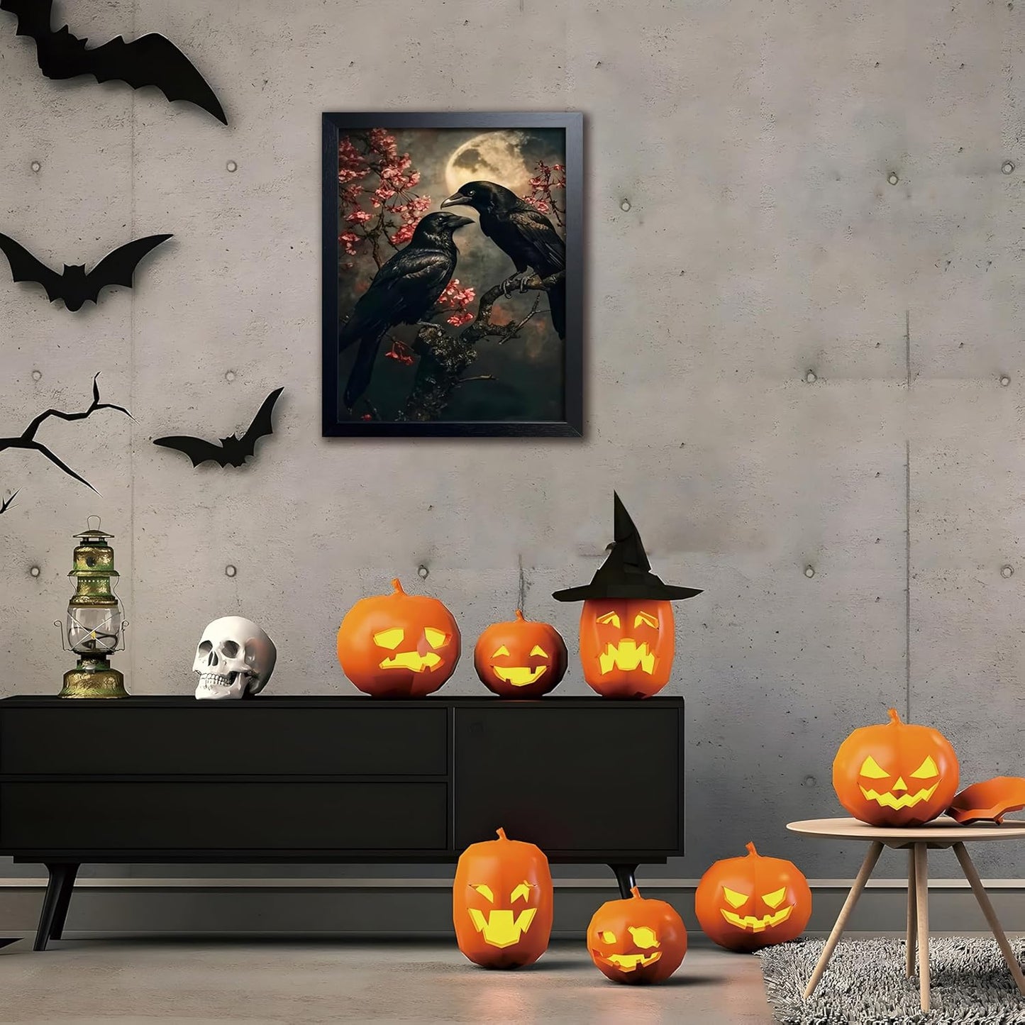 Black Wood Framed Halloween Canvas Wall Art Painting, Vintage Black Crow Cherry Blossom Wall Decor Picture, Dark Academia Gothic Poster Print Photo for Living Room Bedroom Office Decor 16x24 Inch