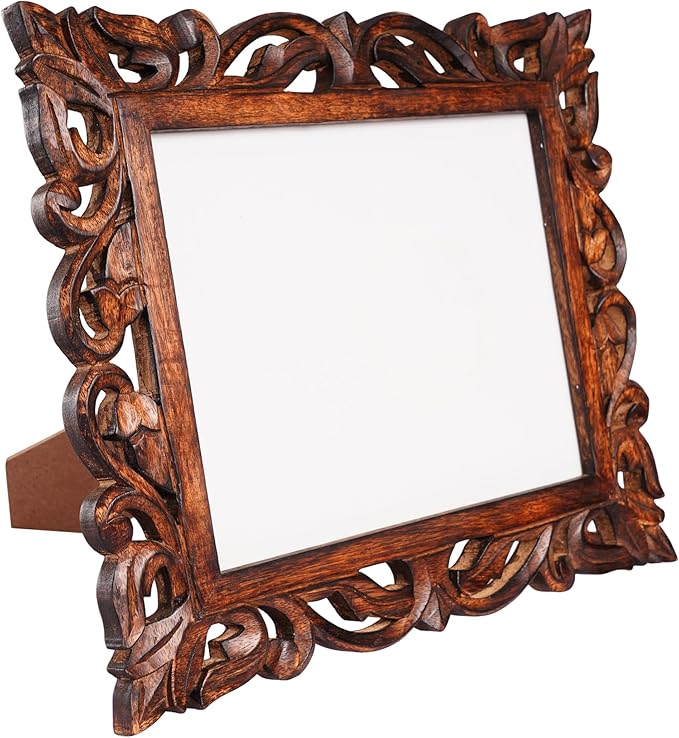 Large Hand Carved Mango Wood Rustic 8x10 Picture Frame with Real Glass - Aesthetic Vintage Wood Frame for Tabletop and Wall Mount Use - Rustic Home Decor Perfect for Your Memories