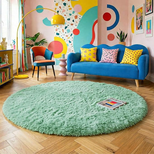 Amdrebio Sage Green Round Rugs 5Ft for Bedroom, Fluffy Furry Circle Rug for Nursery, Baby Kids Room Decor, Cute Shaggy Area Rugs for Preppy Dorm, Teen Girls Boys, Fuzzy Indoor Light Mint Green Carpet