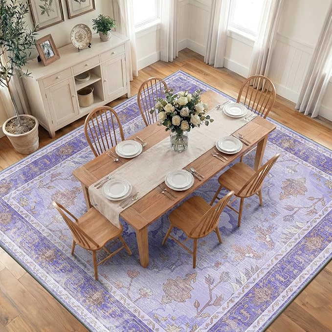 RELEANY Area Rugs Square 10ft Washable Non-Slip, Floral Vintage Distress Print Pattern Medallion Carpet for Living Room Bedroom Dining Room, Light Purple Brown