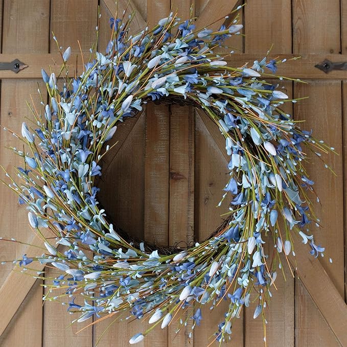 Bibelot 20inch Artificial Forsythia Flower Wreath, All Year Around Wreath for Front Door, Wedding Window Home Wall Indoor Front Door Decor (Blue, 20in)