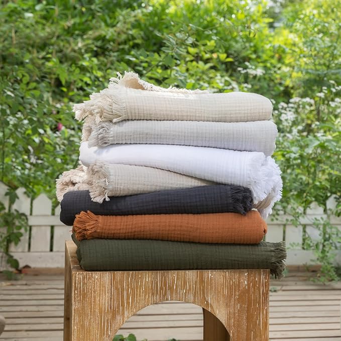 MooMee Muslin Blanket - 100% Cotton 4-Layer Gauze Throw Blanket with All-Around Fringe, Soft Breathable Lightweight Cooling Summer Blankets for Bed Couch (Beige,Oversize Queen 98" x 98")