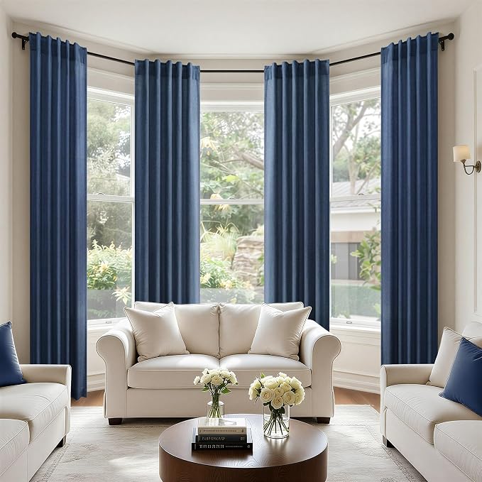 Navy Curtains 38 Inch Width for Kitchen Door 2 Panel Back Tab Pocket Semi Sheer Linen Light Filtering Skinny Small Window Curtain for Bedroom Closet Laundry Basement Bathroom Wide 38x63 Long Dark Blue