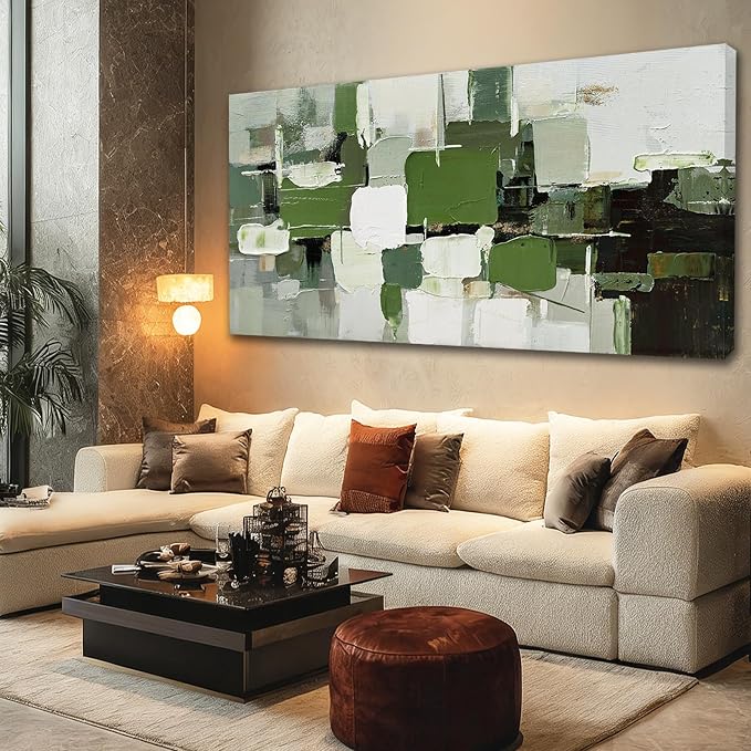 ZUNARE Contemporary Abstract Canvas Wall Art Geometric Block Print in Green White Black and Gray, Minimal Modern Artwork for Living Room Bedroom Office Kitchen 29"x58"