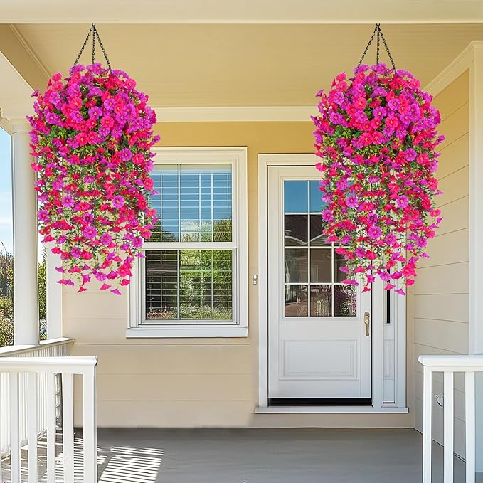 Dolicer 4 Packs Look Real Artificial Flowers for Outdoors, Fake Artificial Hanging Flowers for Outdoors Realistic UV Resistant Faux Hanging Flowers Silk Petunia for Porch Patio (Fuchsia+Rose Red)