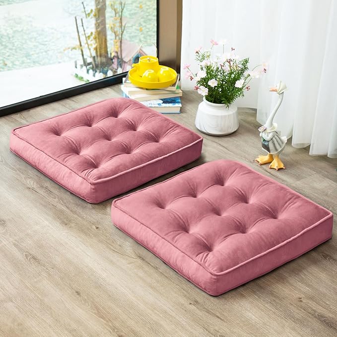 1 MIDDLE ONE Floor Pillow Set of 2, Memory Foam Meditation Cushion, Floor Cushions for Adults Sitting, Large Square Seat Cushions for Yoga, Living Room, 20x20 Inch (Pink)