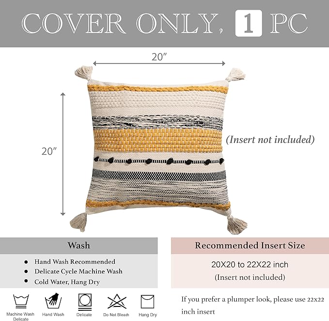 BlissBlush Yellow Mustard Decorative Throw Pillow Cover 20x20 Square Boho Accent Pillowcase Tassels Farmhouse Cushion for Couch Sofa Bedroom Living Room Home Décor Cover ONLY