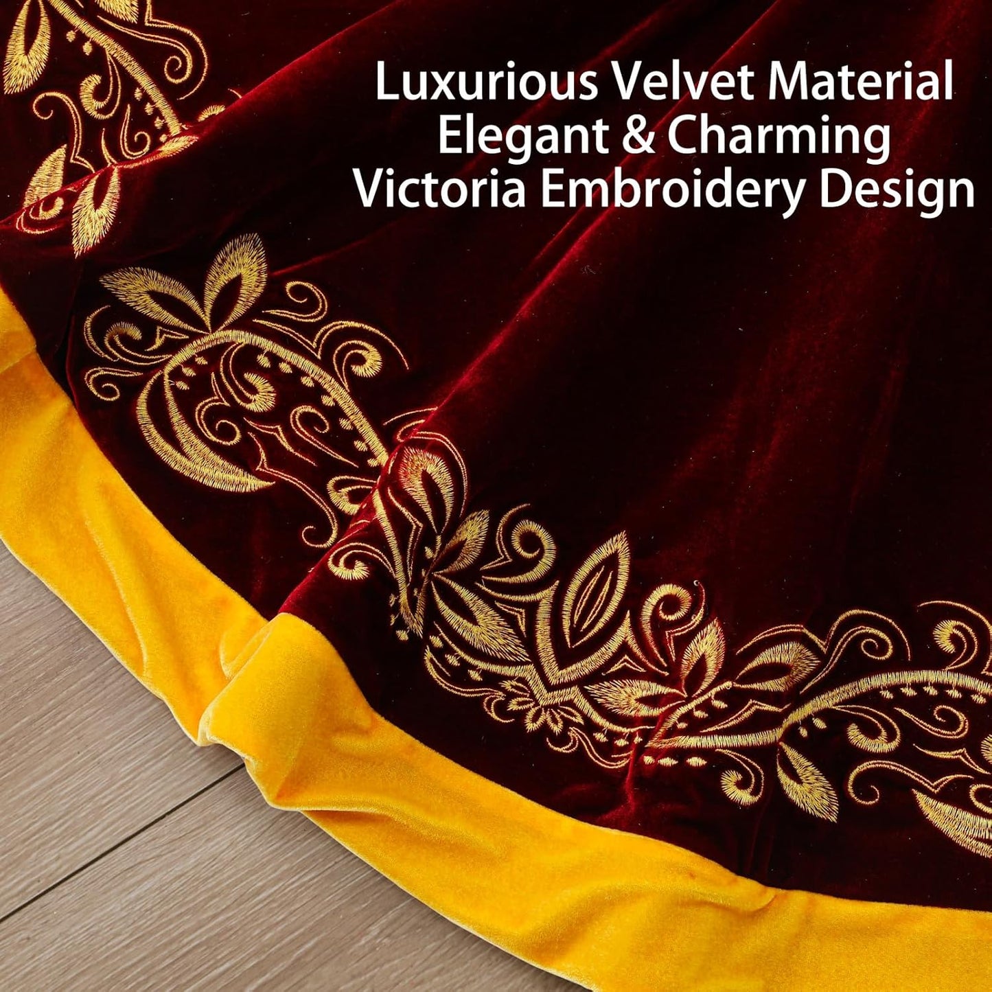 Luxury Velvet Christmas Tree Skirt 48 Inch Gold Victoria Embroidery Vintage Sparking Holly Tree Skirt for Holiday Party Rustic Xmas Decorations Home(Burgundy)