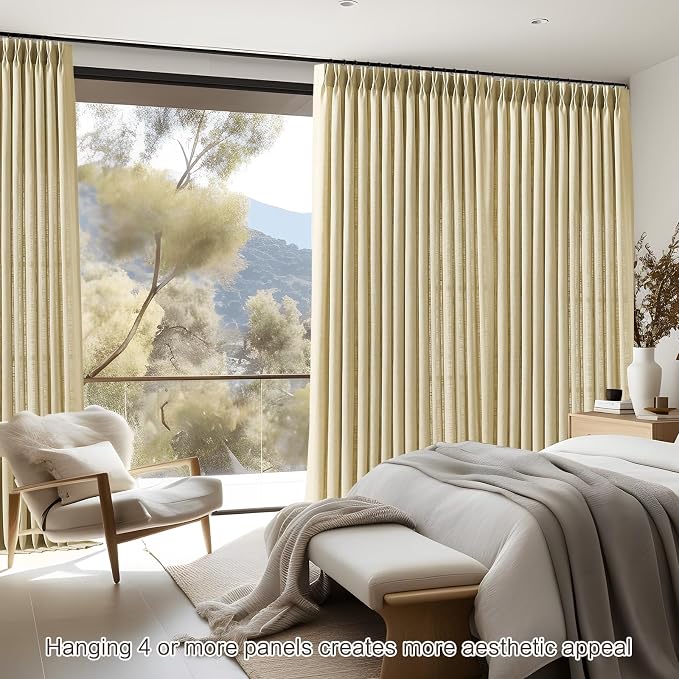 Pinch Pleated Extra Wide Linen Curtains 90 Inch Long for Sliding Glass Door, Grey Beige Light Filtering Curtain Thick Semi-Sheer Pleat Drapes with Hooks 60 Inch Width for Living Room Farmhouse